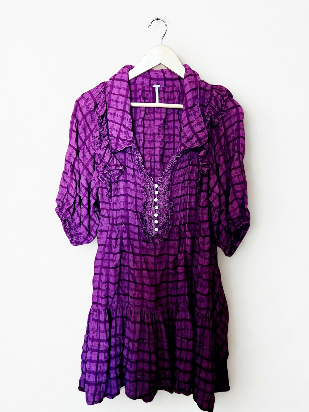 Free People Women's Fuschia Purple Plaid Ruffle Tunic Blouse